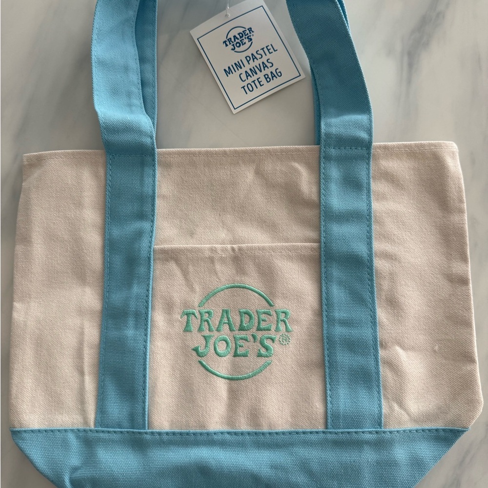 Brand New Trader Joe’s Trendy Mini Blue and Cream Canvas Tote Bag